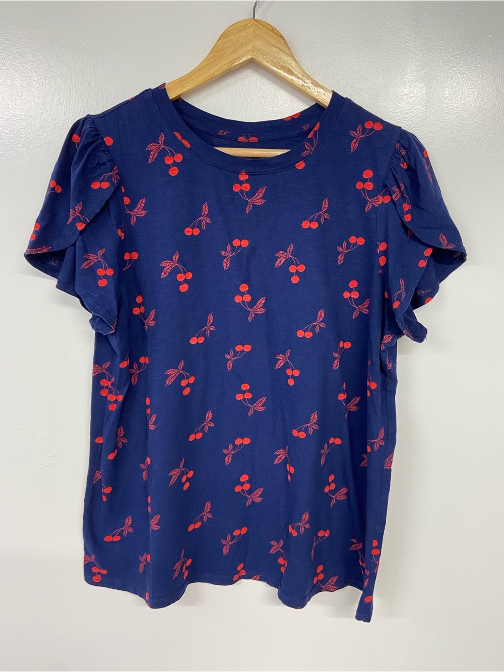 St. John's Bay Navy Top with Red Cherry Print and Tulip Sleeves Size XL